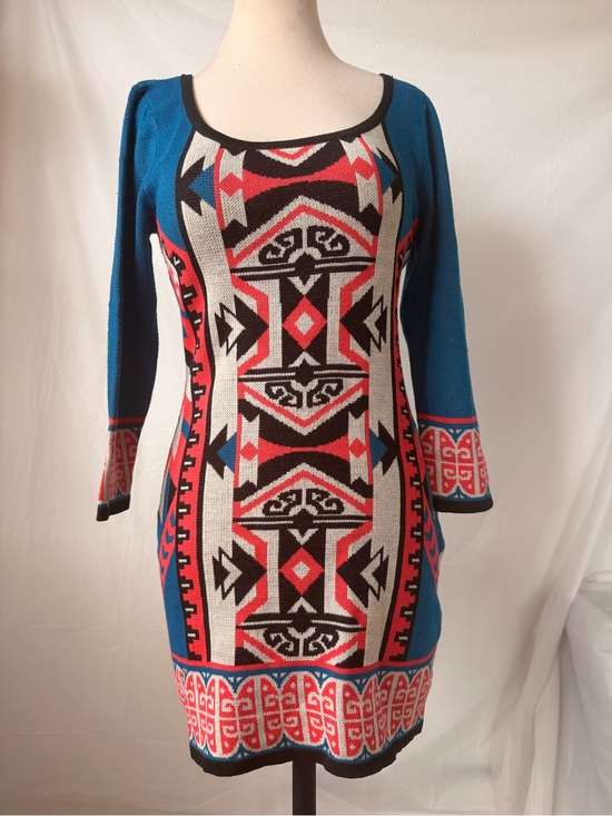 Flying Tomato Dresses & Skirts - Flying Tomato Blue, Black & Red Geometric Knit Long Sleeve Dress